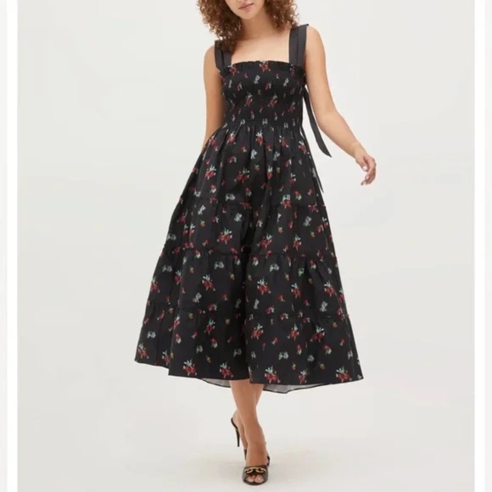 HILL HOUSE XXS Ribbon Ellie Nap Dress Black Ikat Taffeta
Tie Shoulder